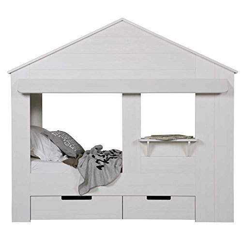 lounge-zone Hüttenbett Kinderbett Hausbett Haus Bett Abenteuerbett Spielbett HUISIE Massivholz Holz weiß Kiefer gebürstet 90x200cm INKL 2 SCHUBLADEN 13739 - 2