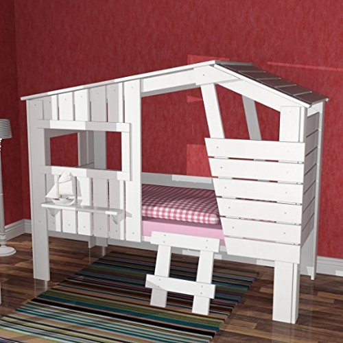Dannenfelser lounge-zone Höhlenbett Baumhausbett Kinderbett Bett Baumhaus Spielhöhle WEISS (nicht Beige) Hüttenbett Spielbett Hochbett STRANDHAUS Massivholz Vollholz Holz Kinderzimmer 90x200cm 11049 - 9
