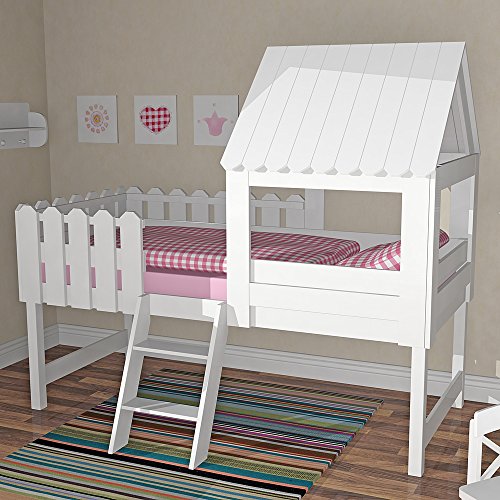 lounge-zone Spielbett Abenteuerbett Höhlenbett Baumhausbett Kinderbett Spielhöhle Bett Hochbett Hüttenbett Hausbett BAUMHAUS Massivholz Vollholz Holz weiß inkl. Lattenrost 90x200cm 9619 - 2