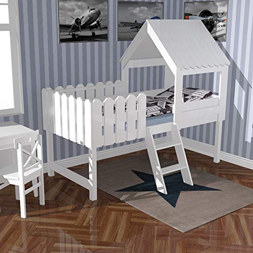 lounge-zone Spielbett Abenteuerbett Höhlenbett Baumhausbett Kinderbett Spielhöhle Bett Hochbett Hüttenbett Hausbett BAUMHAUS Massivholz Vollholz Holz weiß inkl. Lattenrost 90x200cm 9619 - 3