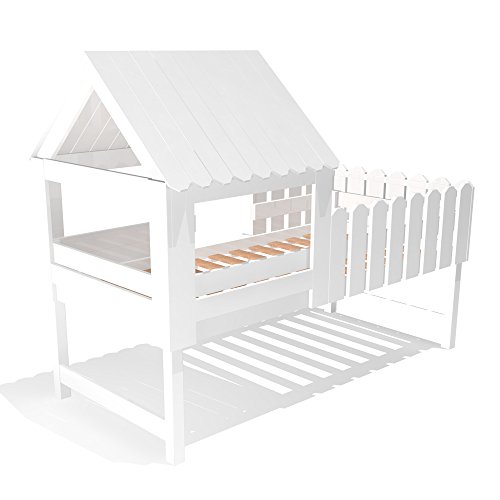 lounge-zone Spielbett Abenteuerbett Höhlenbett Baumhausbett Kinderbett Spielhöhle Bett Hochbett Hüttenbett Hausbett BAUMHAUS Massivholz Vollholz Holz weiß inkl. Lattenrost 90x200cm 9619 - 4