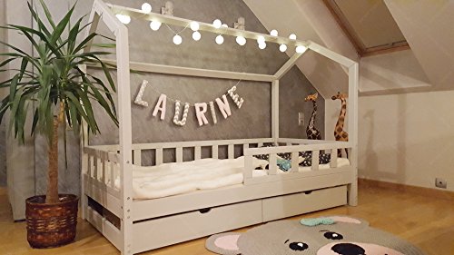Oliveo HAUSBETT KINDERHAUS Bett für Kinder,Kinderbett Spielbett mit SICHERHEITBARRIEREN und Schublade (200 x 140 cm, Natural Wood) - 2