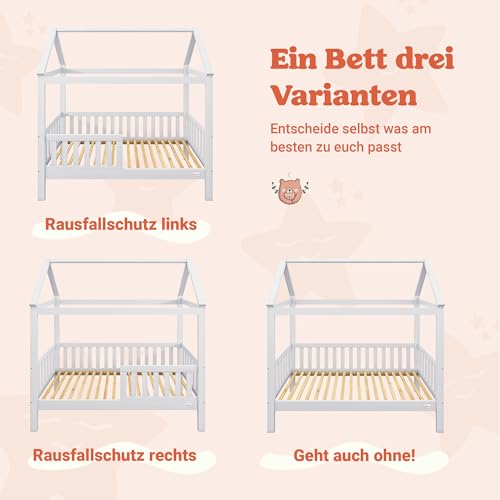 Alcube | Kinderbett Hausbett Spielbett Heim | 80 x 160 cm | Himmel und Vorhang möglich | Holz lackiert | mit Absturzsicherung Rausfallschutz und Lattenrost | weiß - 4