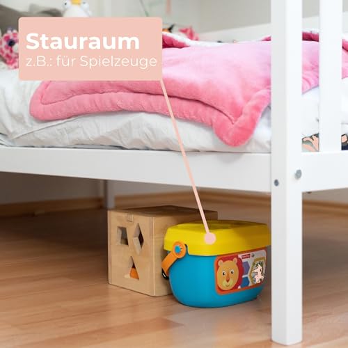 Alcube | Kinderbett Hausbett Spielbett Heim | 80 x 160 cm | Himmel und Vorhang möglich | Holz lackiert | mit Absturzsicherung Rausfallschutz und Lattenrost | weiß - 5