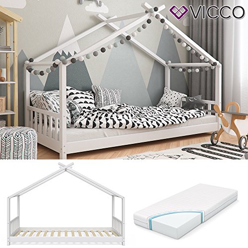 Vicco Kinderbett Hausbett Design 90x2000cm Weiß Kinder Bett Holz Haus Schlafen Hausbett Spielbett Inkl. Lattenrost und 7-Zonen Kaltschaum Matratze - 2