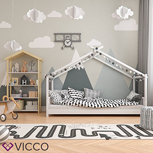Vicco Kinderbett Hausbett Design 90x2000cm Weiß Kinder Bett Holz Haus Schlafen Hausbett Spielbett Inkl. Lattenrost und 7-Zonen Kaltschaum Matratze - 3