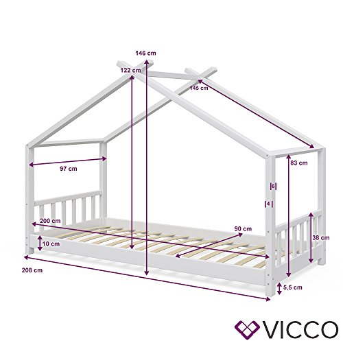 Vicco Kinderbett Hausbett Design 90x2000cm Weiß Kinder Bett Holz Haus Schlafen Hausbett Spielbett Inkl. Lattenrost und 7-Zonen Kaltschaum Matratze - 5