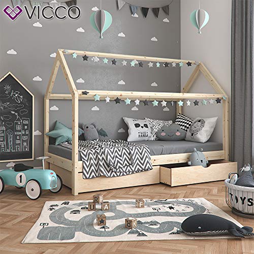 Vicco Kinderbett Wiki 90x200 Jugenbett unbehandelt Kinderhaus Bett Kinder Holz Haus Schlafen Spielbett Hausbett - unlackiertes Massivholz - kindgerechte Verarbeitung (Mit Schubladen) - 3