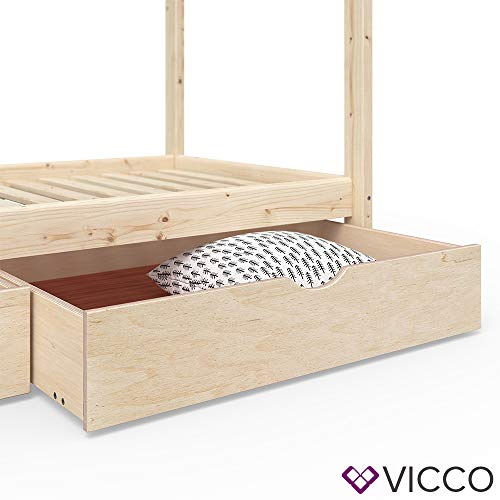 Vicco Kinderbett Wiki 90x200 Jugenbett unbehandelt Kinderhaus Bett Kinder Holz Haus Schlafen Spielbett Hausbett - unlackiertes Massivholz - kindgerechte Verarbeitung (Mit Schubladen) - 4