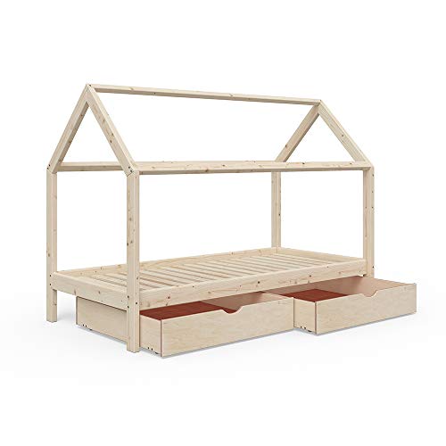 Vicco Kinderbett Wiki 90x200 Jugenbett unbehandelt Kinderhaus Bett Kinder Holz Haus Schlafen Spielbett Hausbett - unlackiertes Massivholz - kindgerechte Verarbeitung (Mit Schubladen) - 6