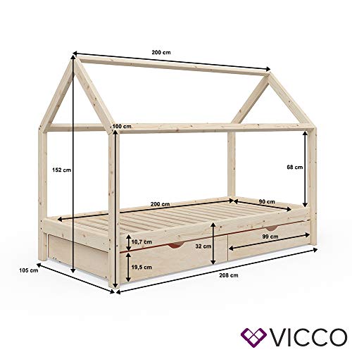 Vicco Kinderbett Wiki 90x200 Jugenbett unbehandelt Kinderhaus Bett Kinder Holz Haus Schlafen Spielbett Hausbett - unlackiertes Massivholz - kindgerechte Verarbeitung (Mit Schubladen) - 7
