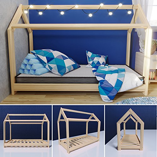 MSS® Kinder Hausbett 160 x 80 cm Kiefer aus Holz Spielbett inkl. Lattenrost - 2
