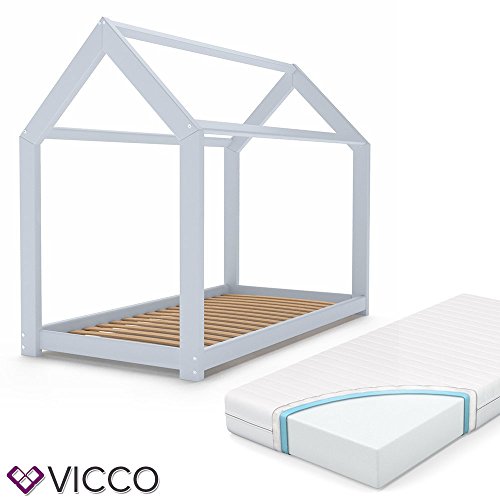Vicco Kinderbett Wiki 90x200 Hausbett Grau Kinderhaus Bett Kinder Holz Haus Schlafen Spielbett Inkl. Lattenrost und 7-Zonen Kaltschaummatratze, lackiertes Massivholz - 2