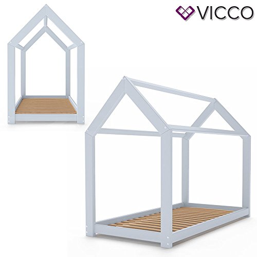 Vicco Kinderbett Wiki 90x200 Hausbett Grau Kinderhaus Bett Kinder Holz Haus Schlafen Spielbett Inkl. Lattenrost und 7-Zonen Kaltschaummatratze, lackiertes Massivholz - 4