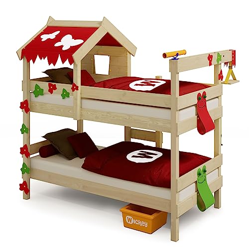 WICKEY Etagenbett CrAzY Ivy Spielbett für 2 Kinder Hochbett mit Dach, Kletterleiter und Lattenboden, rot-apfelgrün, 90x200 cm - 4