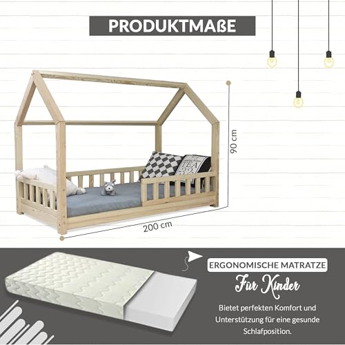 Best For Kids Kinderbett Kinderhaus mit Rausfallschutz Jugendbett Natur Haus Holz Bett mit oder ohne 10 cm Matratze in 3 Größen (90x200 cm mit Matratze) - 2
