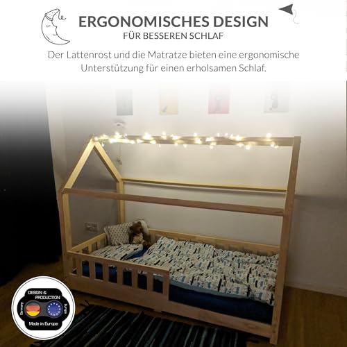 Best For Kids Kinderbett Kinderhaus mit Rausfallschutz Jugendbett Natur Haus Holz Bett mit oder ohne 10 cm Matratze in 3 Größen (90x200 cm mit Matratze) - 4