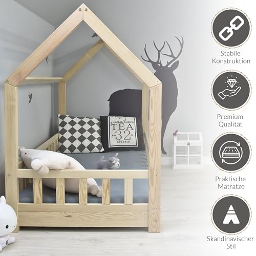 Best For Kids Kinderbett Kinderhaus mit Rausfallschutz Jugendbett Natur Haus Holz Bett mit oder ohne 10 cm Matratze in 3 Größen (90x200 cm mit Matratze) - 5
