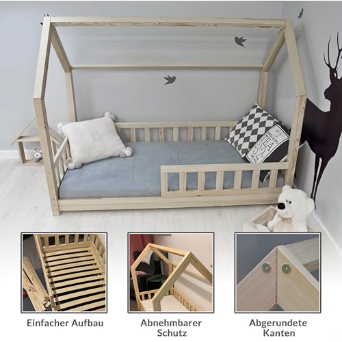 Best For Kids Kinderbett Kinderhaus mit Rausfallschutz Jugendbett Natur Haus Holz Bett mit oder ohne 10 cm Matratze in 3 Größen (90x200 cm mit Matratze) - 6